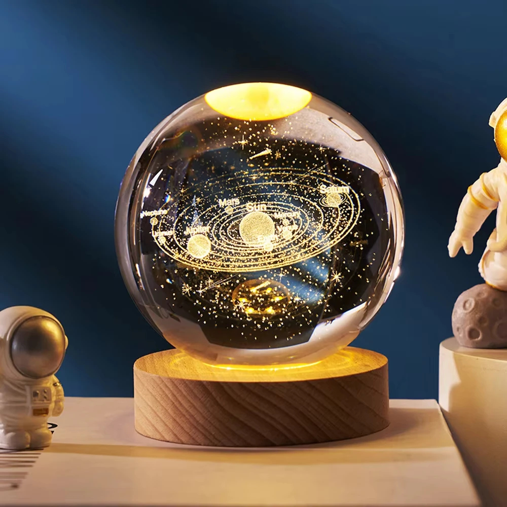 3D Galaxy Crystal Ball Night Light With Wooden Base